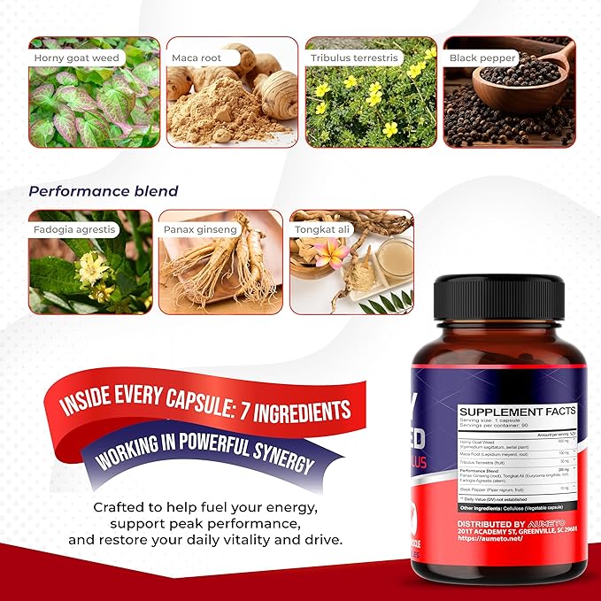 Horny Goat Weed Supplement with L-Arginine Tribulus Terrestris Maca Root Tongkat Ali - Male Energy, Strength and Memory Support (90 Count (Pack of 1))