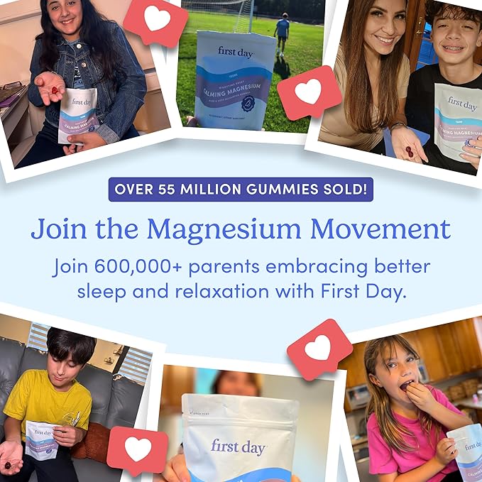FIRST DAY Teens’ Nighttime Reset Calming Magnesium Gummies – Sleep Aid Supports Peaceful Rest, Balanced Mood & Energy – Supplement with Magnesium Citrate, Affron & No Melatonin – 60-Day Supply
