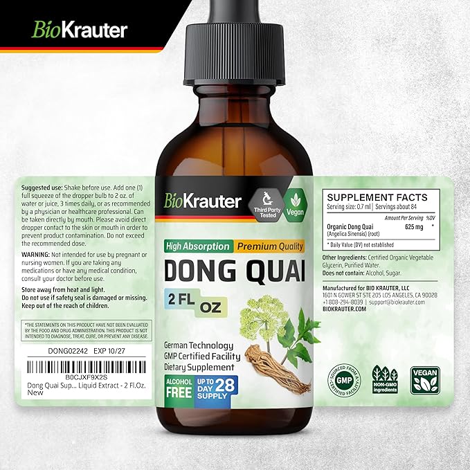 BIO KRAUTER Dong Quai Tincture - Angelica Root Liquid Extract - Women’s Health Support - Alcohol and Sugar Free Angelica Tincture - Vegan Dong Quai Drops 2 Fl.Oz.