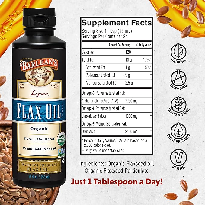 Barlean's Organic Lignan Flaxseed Oil Liquid Supplement from Cold Pressed Flax Seeds, 7,230 mg ALA Omega-3 Fatty Acids for Healthy Hair, Skin, and Eyes, Gluten Free, 12 oz