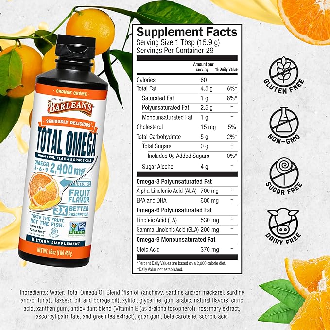 Barlean's Total Omega 3 6 9 Liquid Fish Oil Supplement with Borage and Flaxseed Oil, Orange Crème, 2,400 mg of EPA, DHA and GLA Fatty Acids, 16 oz