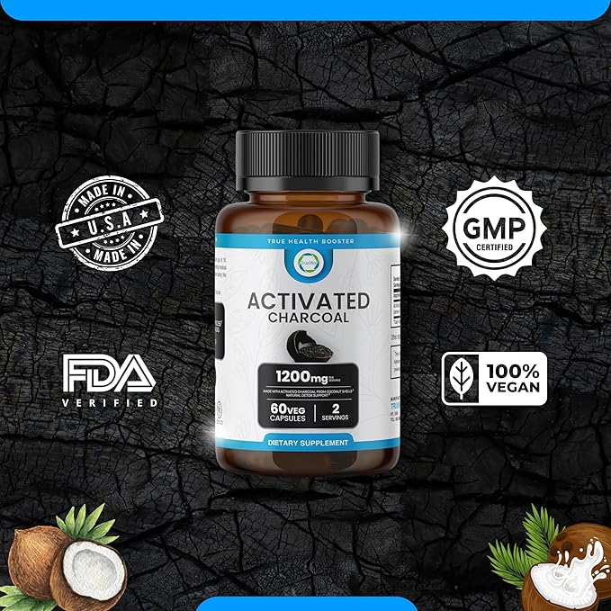 Activated Charcoal Capsules 1200 MG, 60 Veg Caps, 30-Days Premium Detox & Digestive Support, Gas & Bloating Relief, Organic Coconut Shell Charcoal, Gut Health, USA Made.