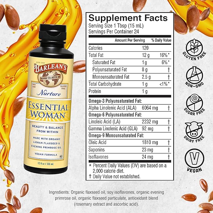 Barlean's Essential Woman Liquid Supplement for Women, Organic Flaxseed and Evening Primrose Oil for Healthy Hair, Nails and Skin, Omega 3 6 9 and GLA, 12 oz