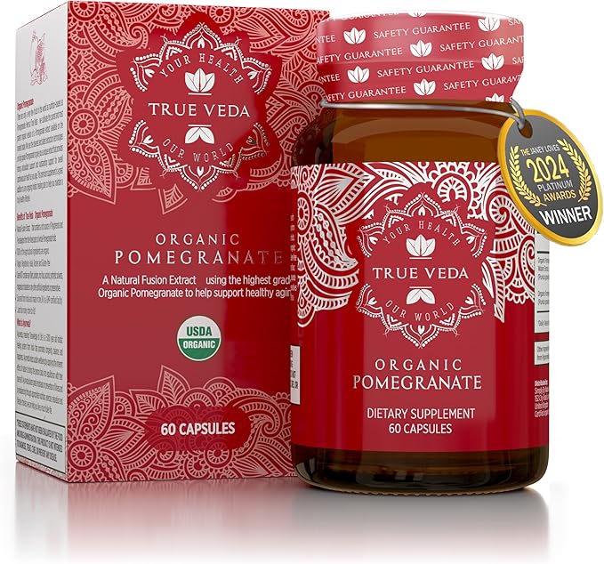 Pomegranate Extract Supplement - Ellagic Acid, High Punicalagins | USDA Certified Organic Pomegranate Supplement | Blend of Pomegranate Fruit, Seeds and Peel Extract | 60 Vegan Pomegranate Capsules