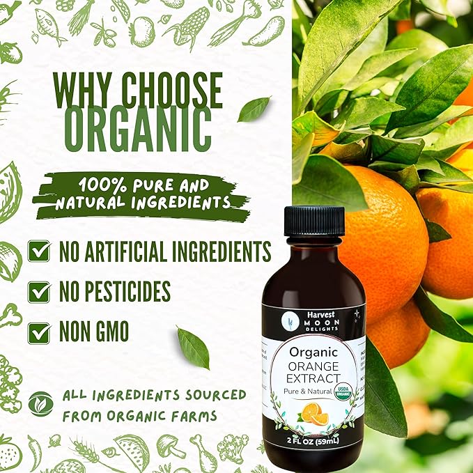 Organic Orange Extract for Baking, Ice Cream, Drinks, and Candy - 2 oz - Water-Soluble - By Harvest Moon Delights - Pure Orange Extract, Orange Flavoring, Orange Flavor