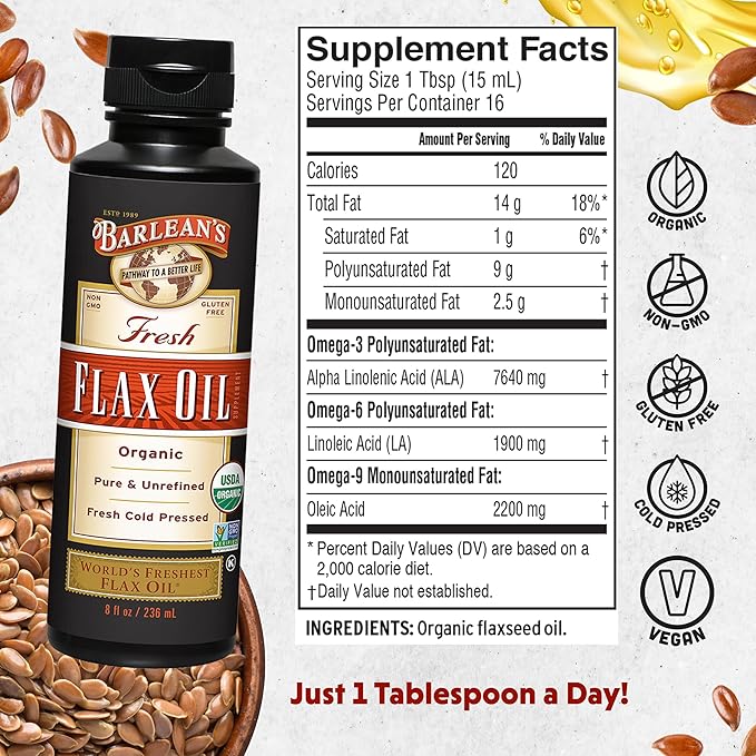 Barlean's Organic Flaxseed Oil Liquid from Fresh Cold Pressed Flax Seeds, 7,640mg ALA Omega 3 Fatty Acid Supplement for Skin and Hair Care, Vegan & Gluten Free, 8 oz