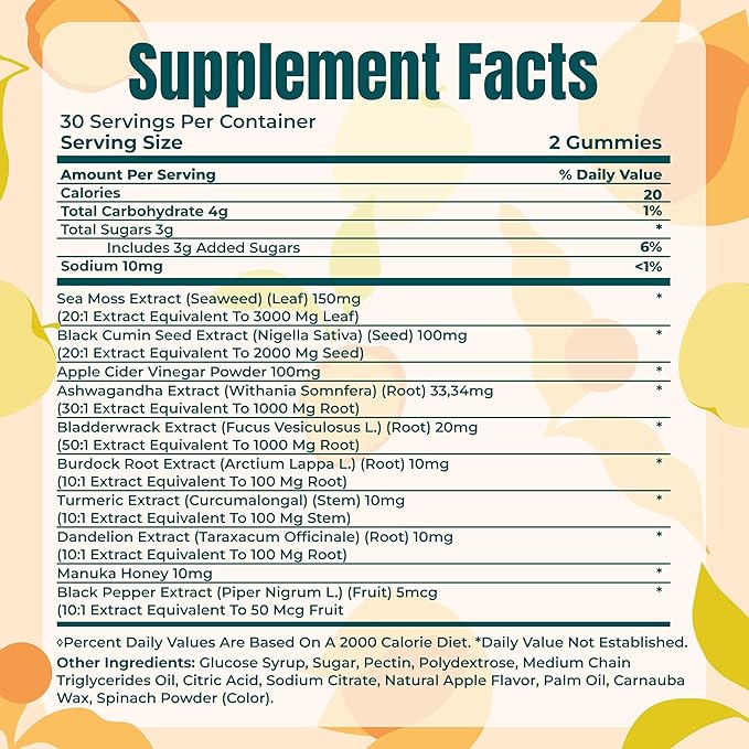 Sea Moss & Apple Cider Vinegar Gummies – 10-in-1 Herbal Blend with Black Seed Oil, Ashwagandha, Turmeric, Bladderwrack, Burdock Root & Dandelion – Vegan, USA Made, Natural Apple Flavor – 60 ct