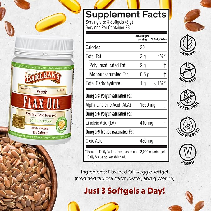Barlean's Vegan Flaxseed Oil Supplements, Cold-Pressed Flax Seed Supplement Softgels with 1650 mg ALA Fatty Acids, 100 Count