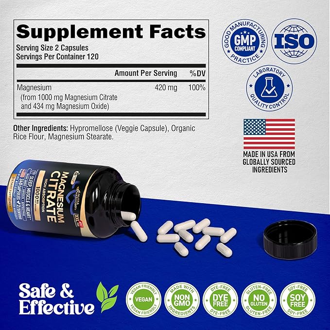 Magnesium Citrate Capsules 1000mg | High Absorption Supplement - Sleep, Muscle & Heart Support - Vegan | Non-GMO - Made in USA - As Powder | Pills | Tablets - 240 Capsules, 4 Month Supply