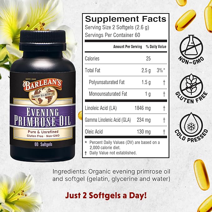 Barlean's Evening Primrose Oil Softgels with Gamma-Linolenic Acid (GLA) - Non-GMO, Gluten-Free - 60-Softgels