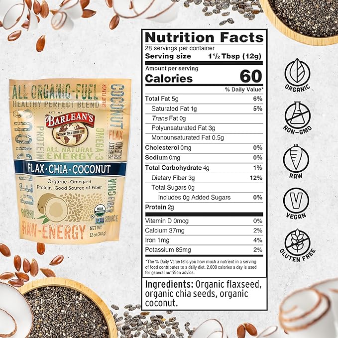 Barlean's Organic Flax Chia Coconut Seed Blend with 2,330 mg Omega 3 Fatty Acids, Fiber Supplement with Whole Chia Seeds and Ground Flaxseed, 12 oz