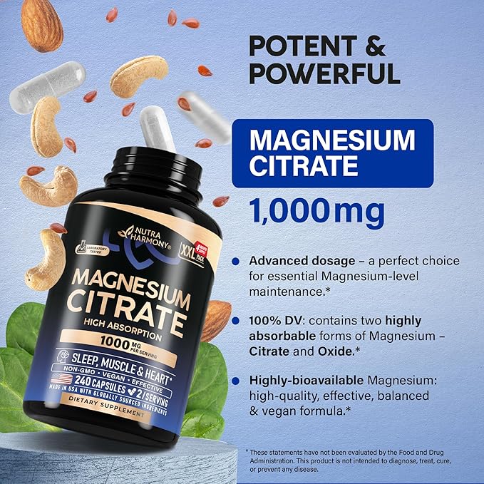 Magnesium Citrate Capsules 1000mg | High Absorption Supplement - Sleep, Muscle & Heart Support - Vegan | Non-GMO - Made in USA - As Powder | Pills | Tablets - 240 Capsules, 4 Month Supply