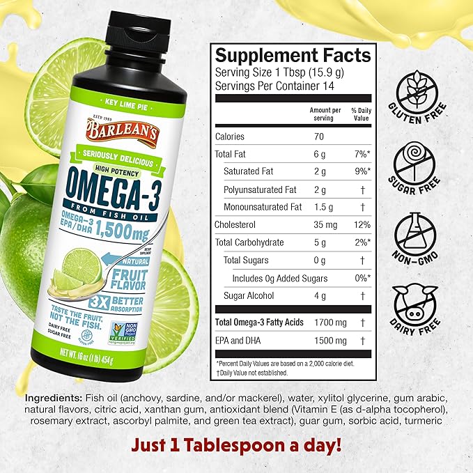 Barlean's Organic Oils Seriously Delicious Omega-3 High Potency Fish Oil, Key Lime Pie, 16 Fl Oz