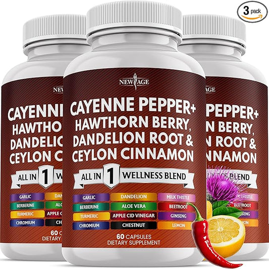 NEW AGE Cayenne Pepper Capsules Supplement with Hawthorn Berry, Dandelion Root, Ceylon Cinnamon, Garlic, Ginger, ACV, Milk Thistle, Beet Root, Aloe Vera - 180 Count