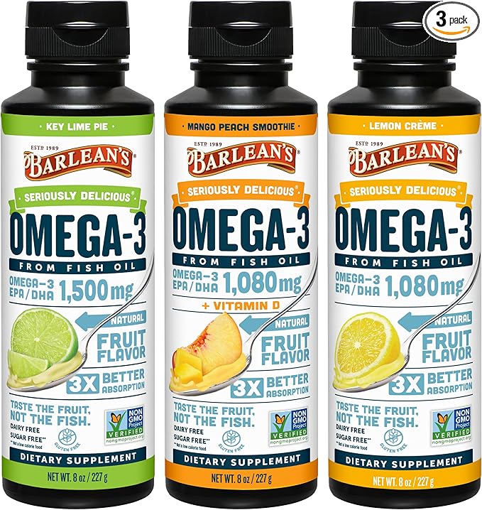 Barlean's Omega 3 Fish Oil Liquid Supplement 3-Flavor Variety Pack for Men and Women, EPA and DHA Fatty Acid, Includes Key Lime Pie, Lemon Crème and Mango Peach Flavors, 8 oz