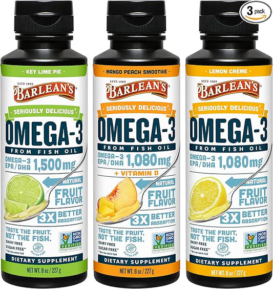 Barlean's Omega 3 Fish Oil Liquid Supplement 3-Flavor Variety Pack for Men and Women, EPA and DHA Fatty Acid, Includes Key Lime Pie, Lemon Crème and Mango Peach Flavors, 8 oz