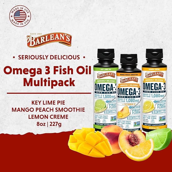 Barlean's Omega 3 Fish Oil Liquid Supplement 3-Flavor Variety Pack for Men and Women, EPA and DHA Fatty Acid, Includes Key Lime Pie, Lemon Crème and Mango Peach Flavors, 8 oz