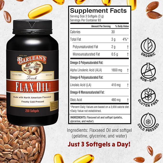 Barlean's Omega 3 6 9 Flaxseed Oil Supplements, Cold-Pressed Flax Seed Supplement Softgels with 1650 mg ALA Fatty Acids, 250 Count