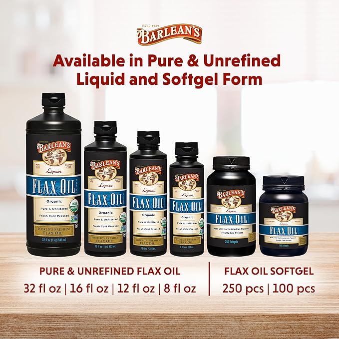 Barlean's Organic Lignan Flaxseed Oil Liquid Supplement from Cold Pressed Flax Seeds, 7,230 mg ALA Omega-3 Fatty Acids for Healthy Hair, Skin, and Eyes, Gluten Free, 12 oz