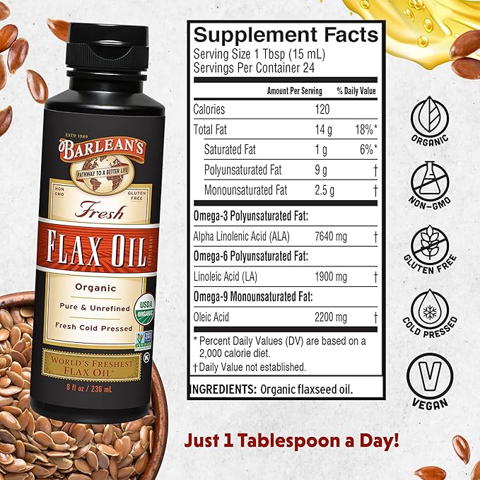 Barlean's Organic Flaxseed Oil Liquid, Cold Press Flax Seeds, 7,640mg ALA Omega 3 Fatty Acid Supplement for Healthy Hair, Skin, and Eyes, Vegan & Gluten Free, 12 oz