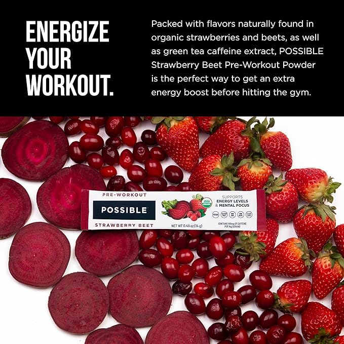 Possible Beet Pre-Workout - Strawberry Beet Flavor - Individually Wrapped Servings - Contains B-Vitamins and Green Tea Caffeine Extract - Source of Nitrates - 1 Bag, 20 Stick Packs