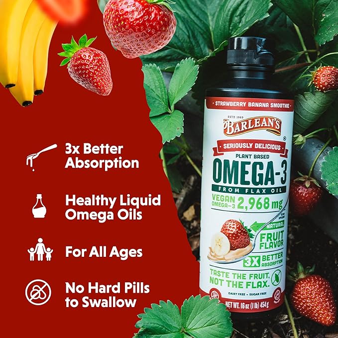 Barlean's Vegan Omega 3 6 9 Flaxseed Oil Liquid Supplement, Strawberry Banana Smoothie, Flax Seeds Oil with 2,968 mg ALA Fatty Acid, Non-GMO and Gluten Free, 16 oz