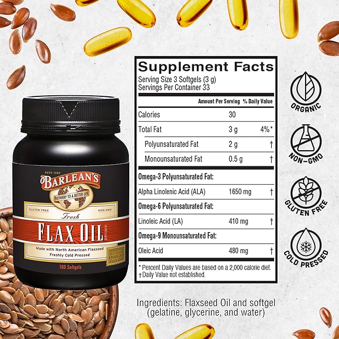 Barlean's Omega 3 6 9 Flaxseed Oil Supplements, Cold-Pressed Flax Seed Supplement Softgels with 1650 mg ALA Fatty Acids, 100 Count