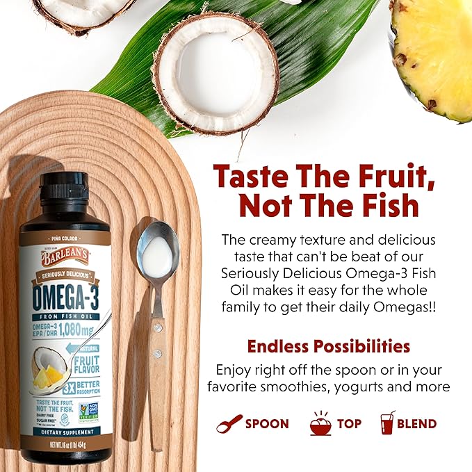 Barlean's Omega 3 Fish Oil Liquid Supplement with Vitamin D for Men and Women, Pina Colada, 1080mg EPA and DHA Fatty Acid, 16 oz