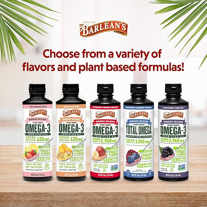 Barlean's Vegan Omega 3 6 9 Flaxseed Oil Liquid Supplement, Strawberry Banana Smoothie, Flax Seeds Oil with 2,968 mg ALA Fatty Acid, Non-GMO and Gluten Free, 16 oz
