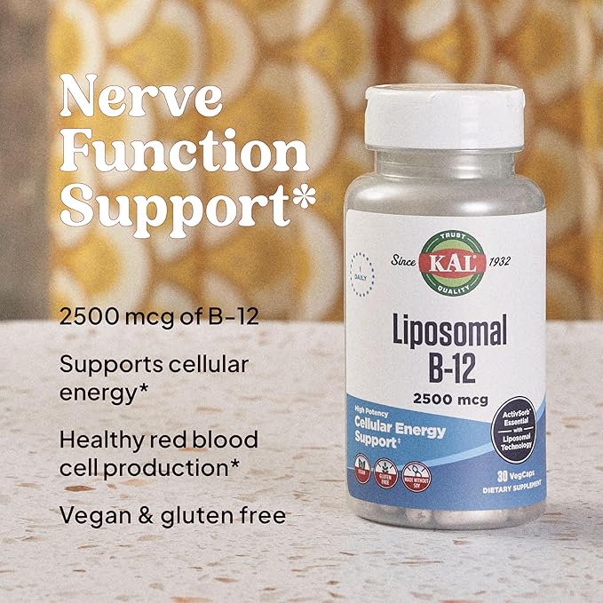 KAL Liposomal Vitamin B12 2500 mcg, High Absorption, Liposomal Technology, Cellular Energy Support, Vegan Capsules, Gluten Free, Made Without Soy, 30 Servings