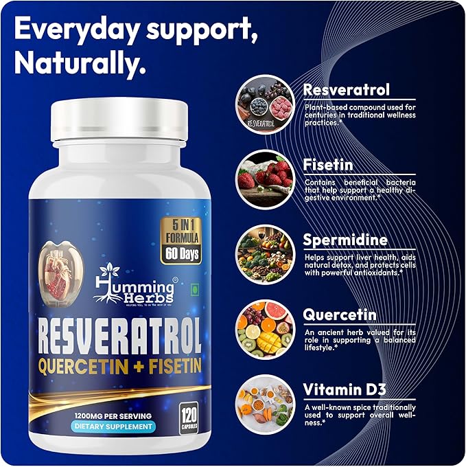 Resveratrol Supplement 1200mg – 5-in-1 Formula with Quercetin, Fisetin, Spermidine & Vitamin D3 – Cardiovascular & Wellness Support – 120 Capsules