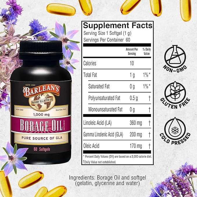 Barlean's Borage Oil Supplements, Cold Pressed Pure Borage Seed Oil Supplement Softgels for Men and Women, 1000 mg GLA Fatty Acids, 60 Count