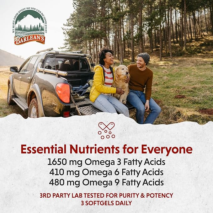Barlean's Omega 3 6 9 Flaxseed Oil Supplements, Cold-Pressed Flax Seed Supplement Softgels with 1650 mg ALA Fatty Acids, 100 Count