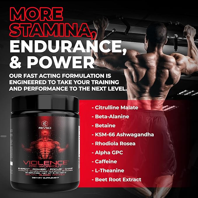 Violence Pre Workout Powder for Men & Women, Clinically Dosed Preworkout, 180 mg Caffeine + L-Theanine, L Citrulline Malate, Beta Alanine, Alpha GPC - 25 Servings, Blood Orange - Energy, Focus & Pump