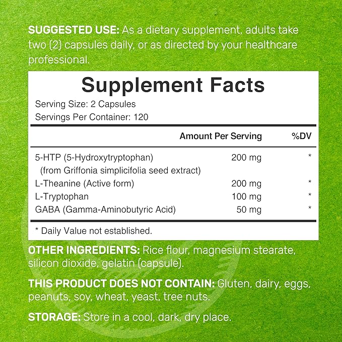 5-HTP 200mg Per Serving, 240 Capsules, 98% African Derived Griffonia Seed Extract | 4 in 1 Formula | Plus Active L Theanine, L Tryptophan, & GABA | Relaxation Support