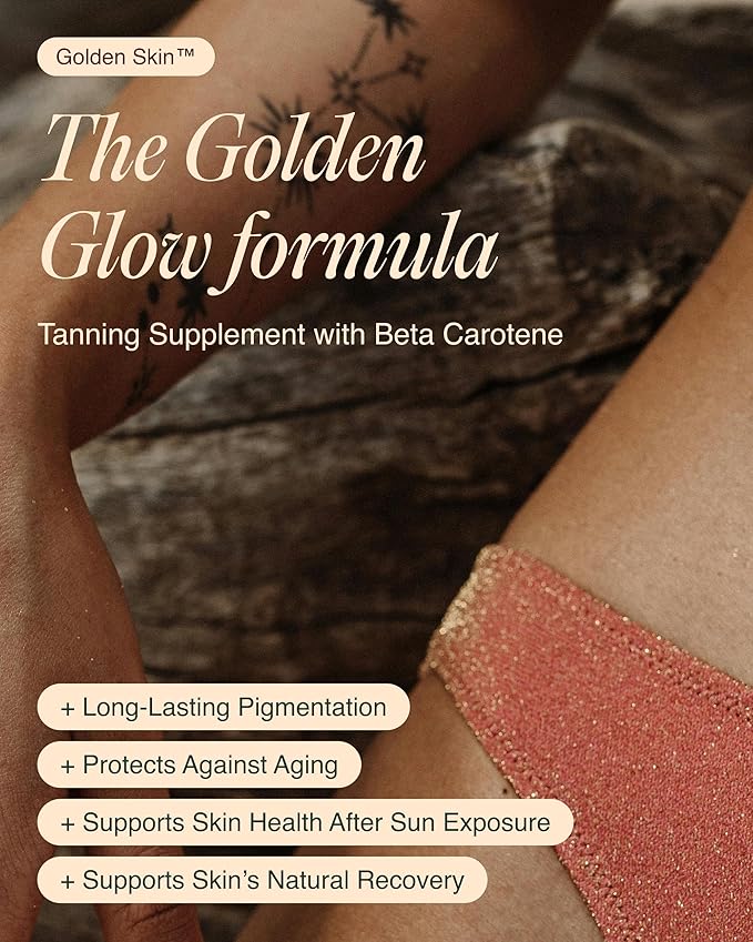 Golden Skin Tanning Supplement for Women & Men – Potent Tanning Pills with Beta Carotene, Lutein & L-Tyrosine for Skin Health | Natural Antioxidant Supplement & Tanning Vitamins | 90 Vegan Capsules