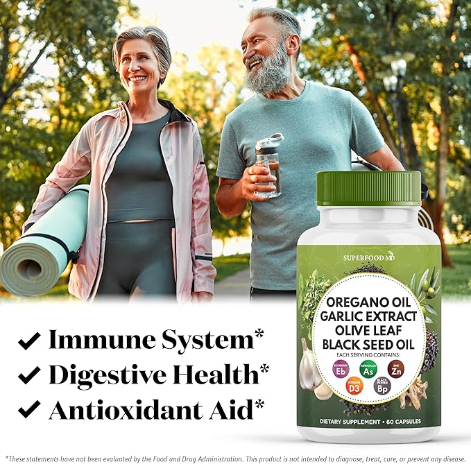 Oregano Oil, Garlic Extract, Olive Leaf, Black Seed Oil, Astragalus-Immune Support & Digestive Health Supplement for Women and Men- 120 Count