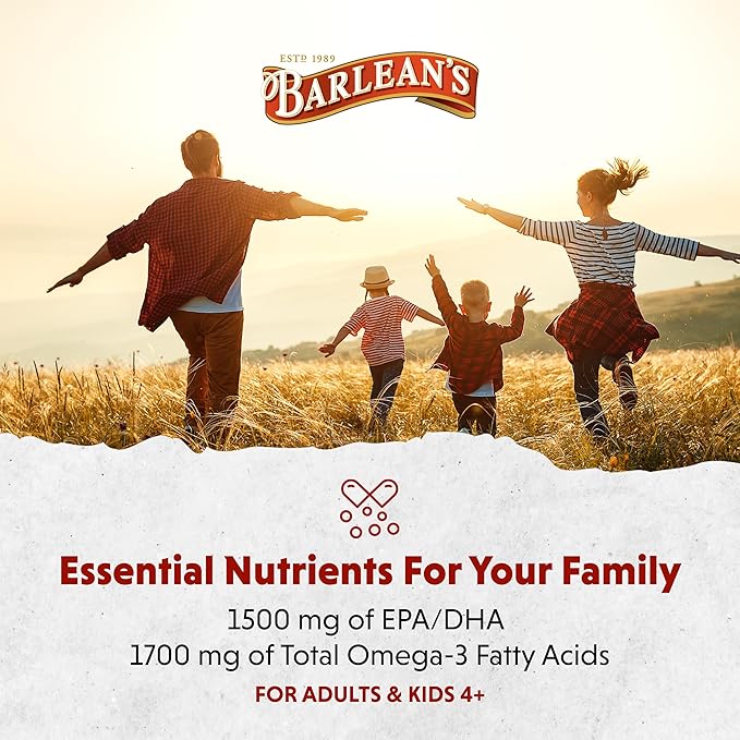 Barlean's Citrus Sorbet High Potency Omega 3 Fish Oil Liquid Supplement, 1500mg of EPA & DHA Fatty Acid, Smoothie Flavored & Burpless for Brain, Joint, & Heart Health, 16 oz