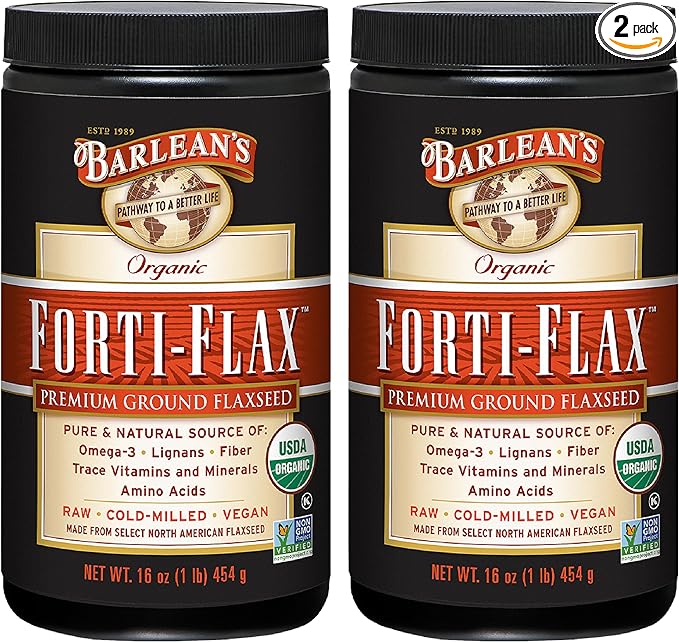 Barlean's Forti-Flax Organic Flaxseed, Ground Whole Raw Seeds, Omega-3 Supplement with Lignans and Dietary Fiber, Bulk Ground Flax Seed, 16 oz, 2 Pack