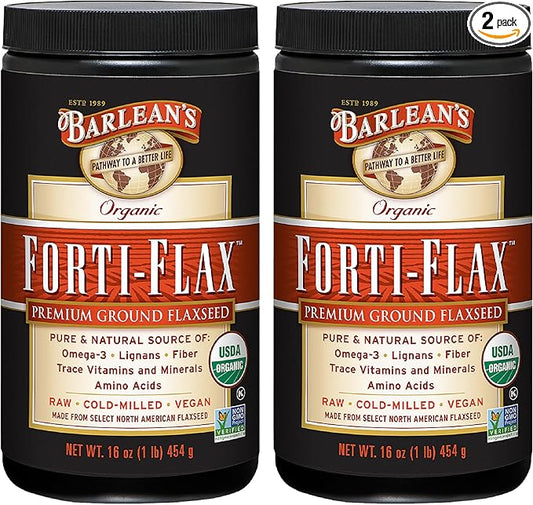 Barlean's Forti-Flax Organic Flaxseed, Ground Whole Raw Seeds, Omega-3 Supplement with Lignans and Dietary Fiber, Bulk Ground Flax Seed, 16 oz, 2 Pack