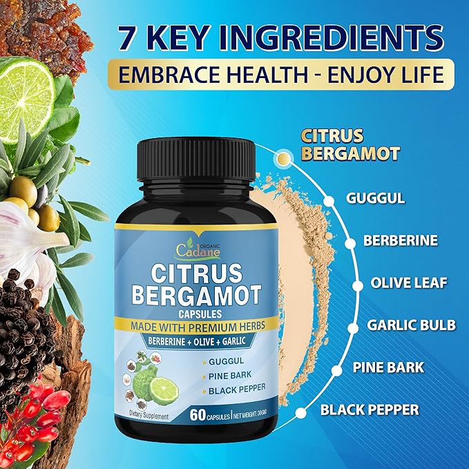 Organic Cadane 2 Packs Citrus Bergamot Extract Capsules with Berberine, Olive, Guggul, Garlic, Pine Bark, Black Pepper | 4 Months Supply