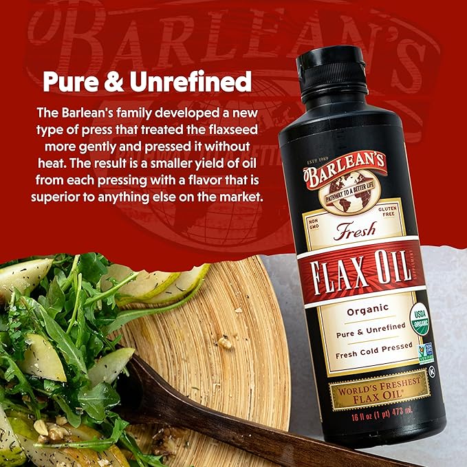 Barlean's Organic Flaxseed Oil Liquid from Fresh Cold Pressed Flax Seeds, 7,640mg ALA Omega 3 Fatty Acid Supplement for Skin and Hair Care, Vegan & Gluten Free, 8 oz