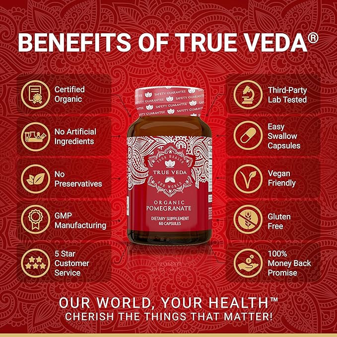 Pomegranate Extract Supplement - Ellagic Acid, High Punicalagins | USDA Certified Organic Pomegranate Supplement | Blend of Pomegranate Fruit, Seeds and Peel Extract | 60 Vegan Pomegranate Capsules