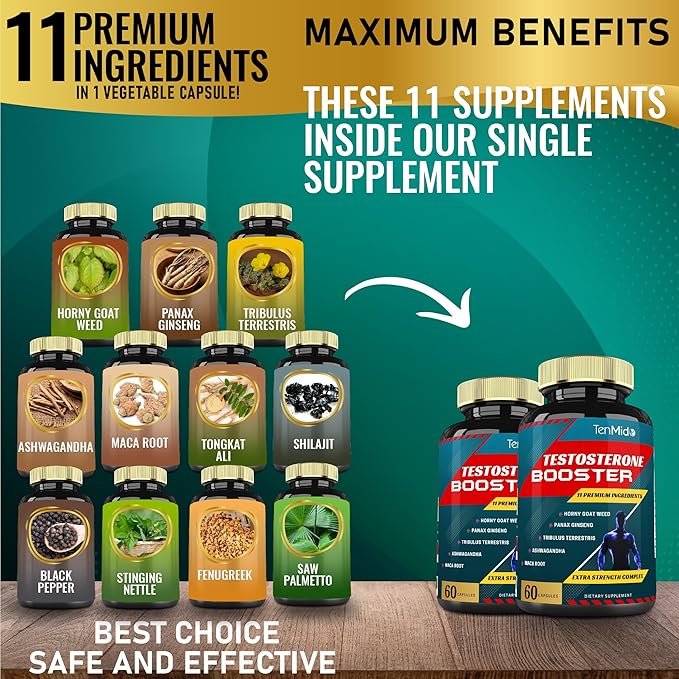 2 Packs of 60caps Testosterone Supplements Booster for Men, Equivalent to 10000mg - Natural Stamina, Endurance & Strength Supplement - Muscle Building Growth, Increasing Performance, Energy