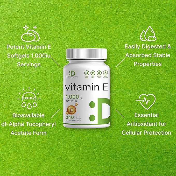 Vitamin E Supplements, 1,000 IU Per Serving, 240 Softgels – Extra Strength Antioxidant Protection – Bioavailable Stable Form – Skin, Heart, Brain, & Immune Support – Non-GMO