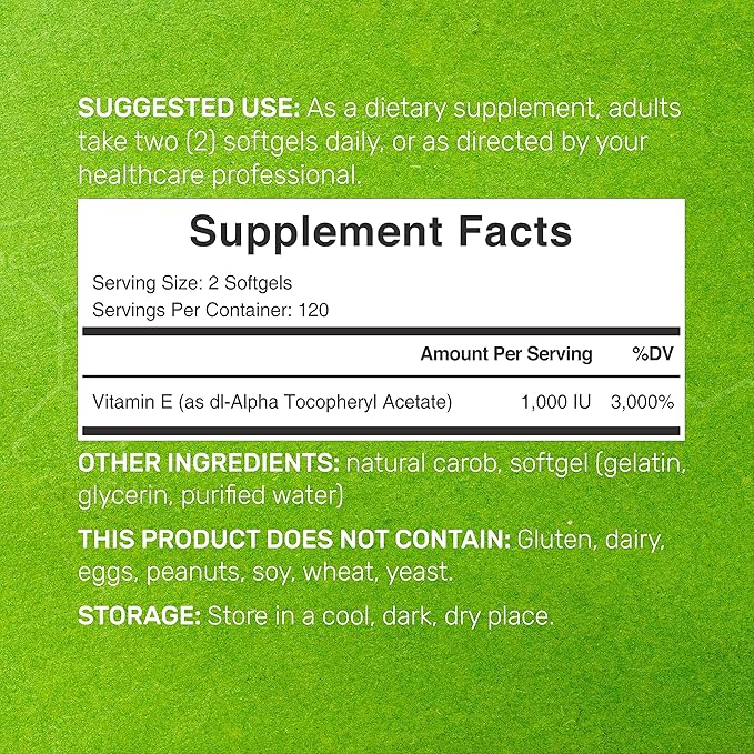 Vitamin E Supplements, 1,000 IU Per Serving, 240 Softgels – Extra Strength Antioxidant Protection – Bioavailable Stable Form – Skin, Heart, Brain, & Immune Support – Non-GMO