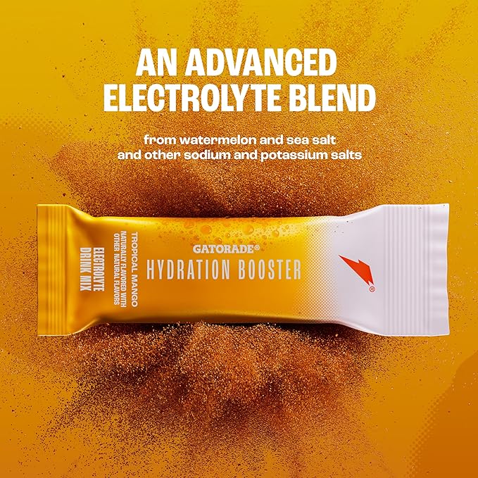 Gatorade Hydration Booster Electrolyte Drink Mix Powder Packets, Tropical Mango, Advanced Electrolyte Blend, No Added Colors, No Artificial Sweeteners, Essential Vitamins A, C, B3, B5, B6, Makes 20 Fl Oz, (6 Pack)