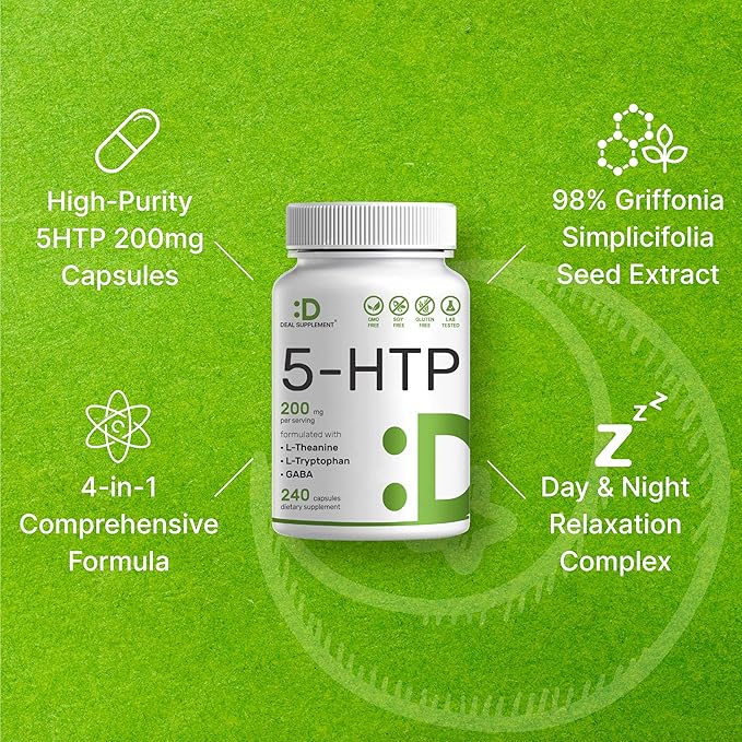 5-HTP 200mg Per Serving, 240 Capsules, 98% African Derived Griffonia Seed Extract | 4 in 1 Formula | Plus Active L Theanine, L Tryptophan, & GABA | Relaxation Support