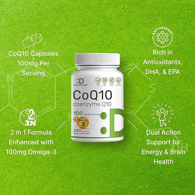 DEAL SUPPLEMENT CoQ10 100mg with Omega 3 100mg, 240 Capsules | Bioavailable Coenzyme Q10 Formula | Supports Heart, Energy & Brain Health | Antioxidant Support | Non-GMO