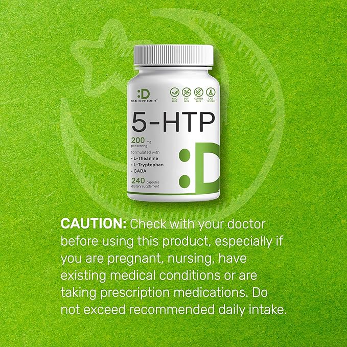 5-HTP 200mg Per Serving, 240 Capsules, 98% African Derived Griffonia Seed Extract | 4 in 1 Formula | Plus Active L Theanine, L Tryptophan, & GABA | Relaxation Support